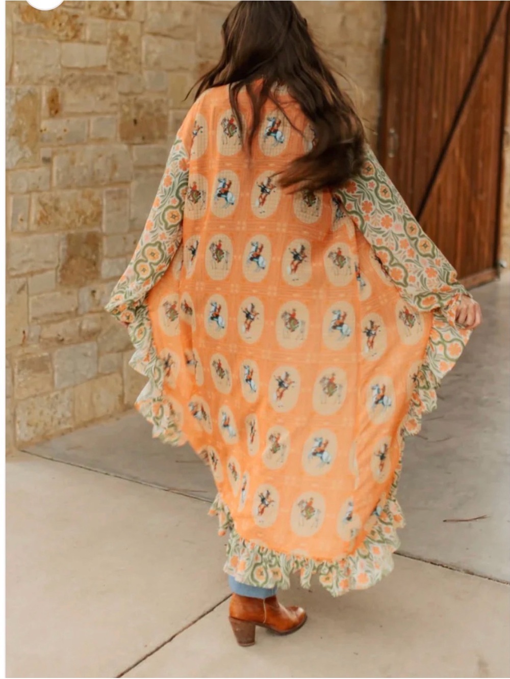 Boho Orange Printed Ruffle Duster Kimono horse western rodeo - Picture 3 of 3
